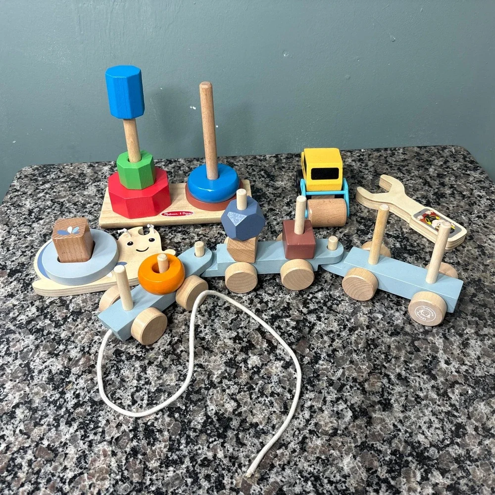 Melissa & Doug Speedy Monkey Wooden Toy Bundle Train Stacker Steamroller Snail